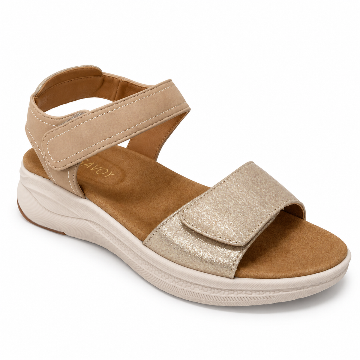 Savoy Adjustable Strap Comfort Sandal - Champagne, three-quarter view