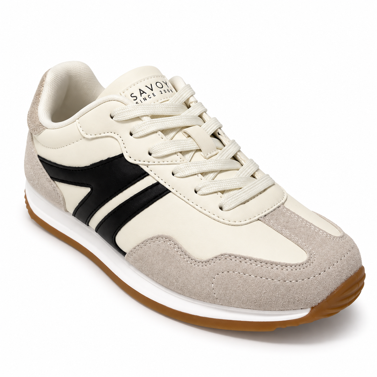 Savoy Retro Lace Up Sneaker - Cream/Black, three-quarter view