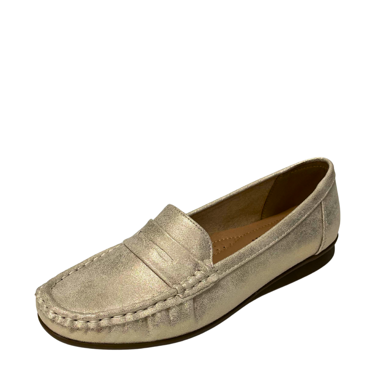Savoy Slip On Moccasin Gold Metallic three-quarter view