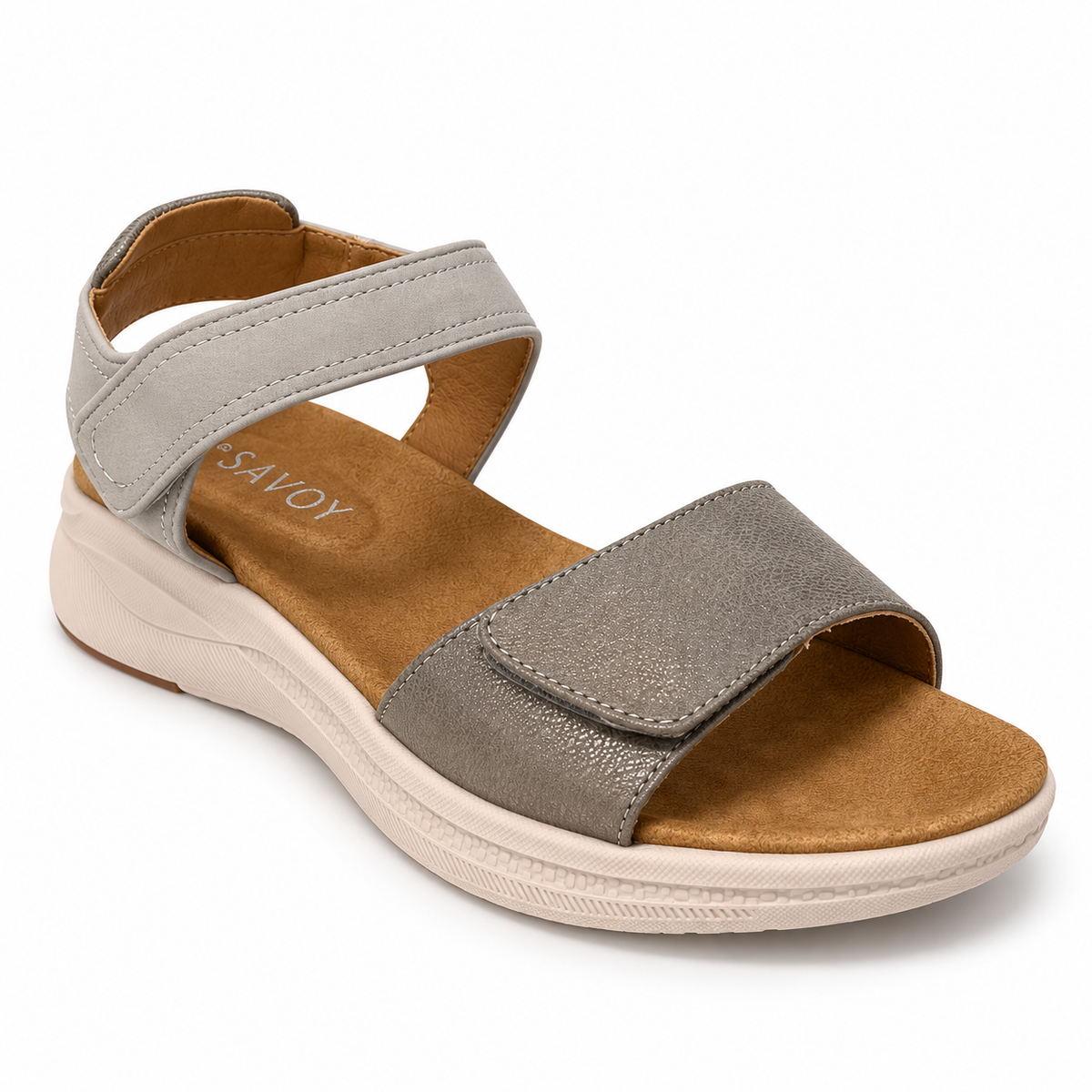 Savoy Adjustable Strap Comfort Sandal - Grey/Pewter, three-quarter view