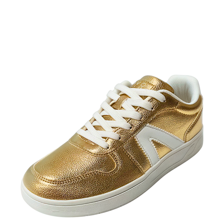Savoy Lace Up Sneaker - Gold Metallic, three-quarter studio view