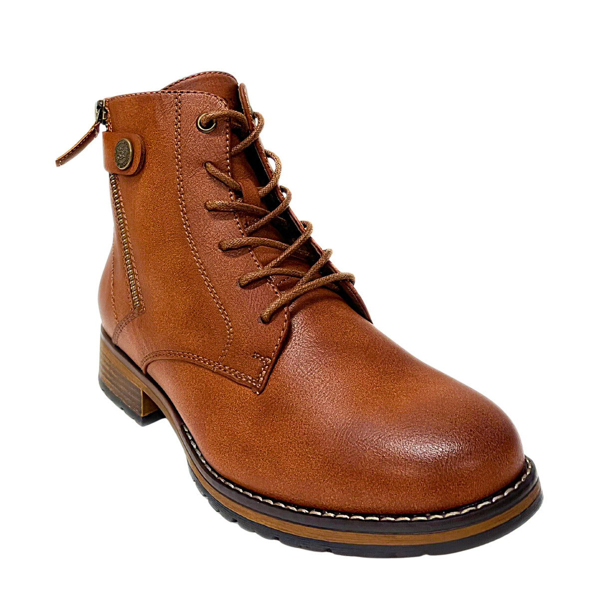 Savoy Metal Button Ankle Boot - Tan, three-quarter view