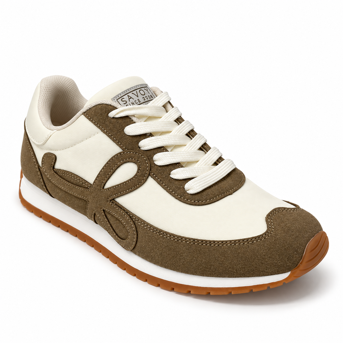 Savoy Retro Lace Up Sneaker - Olive/Cream, three-quarter view