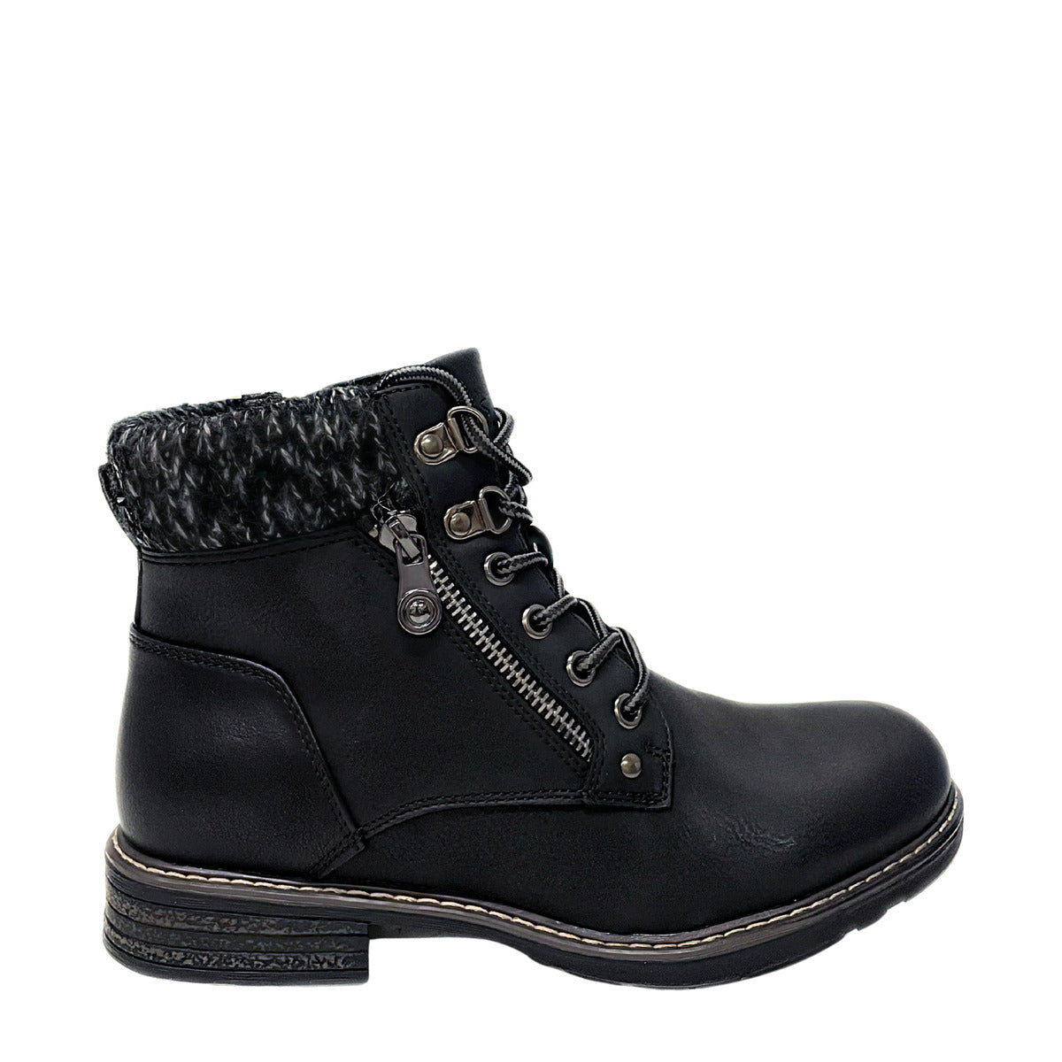Savoy Padded Collar Lace Up Ankle Boot - Black, side profile