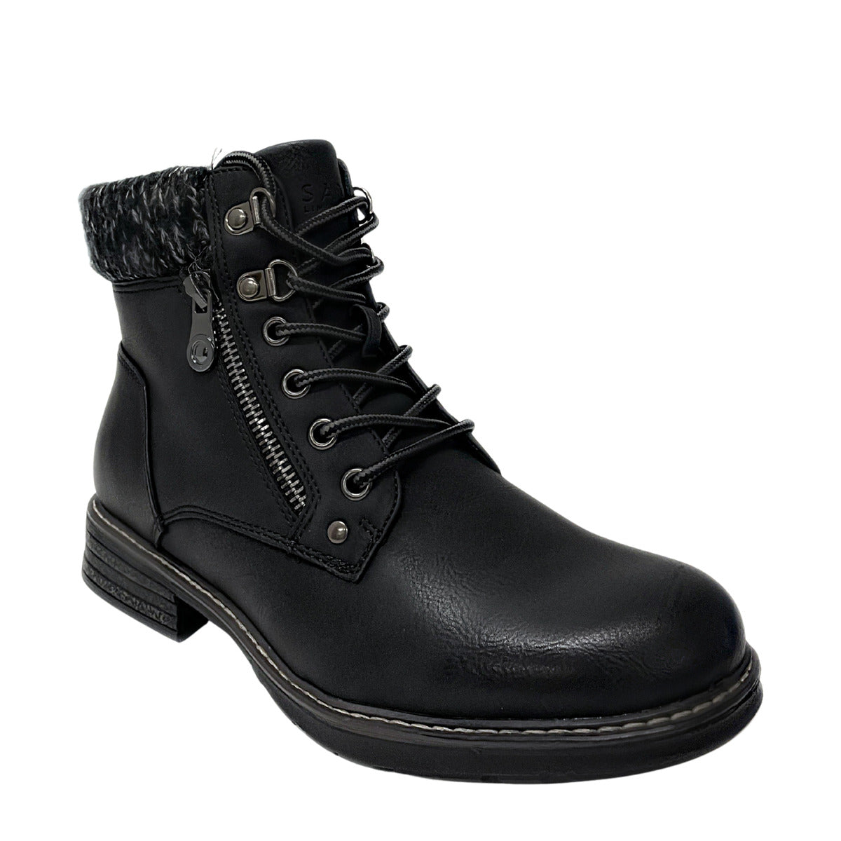 Savoy Padded Collar Lace Up Ankle Boot - Black, three-quarter view