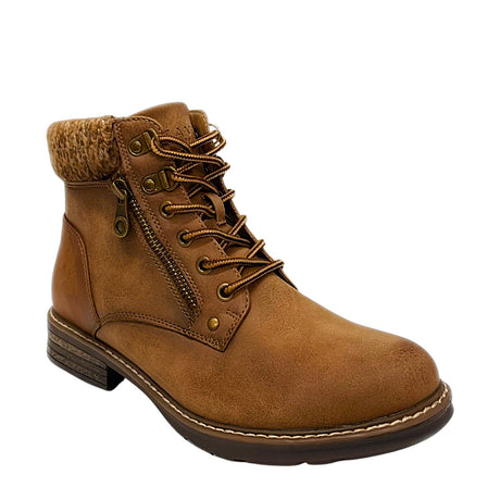 Savoy Padded Collar Lace Up Ankle Boot - Camel, three-quarter view