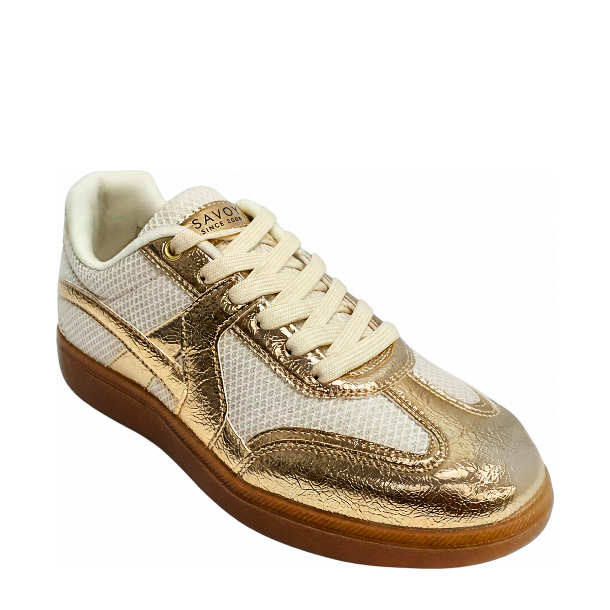 Savoy Retro Lace Up Sneaker Gold Metallic three-quarter view