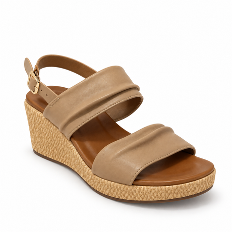 Savoy Woven Wedge Sandal - Taupe, three-quarter view