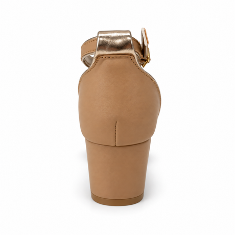 Orbit Single Strap Block Heel Sandal - Tan/Gold, rear view
