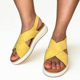 Wild Alice Cross Over Flatform Sandal - Yellow - worn view